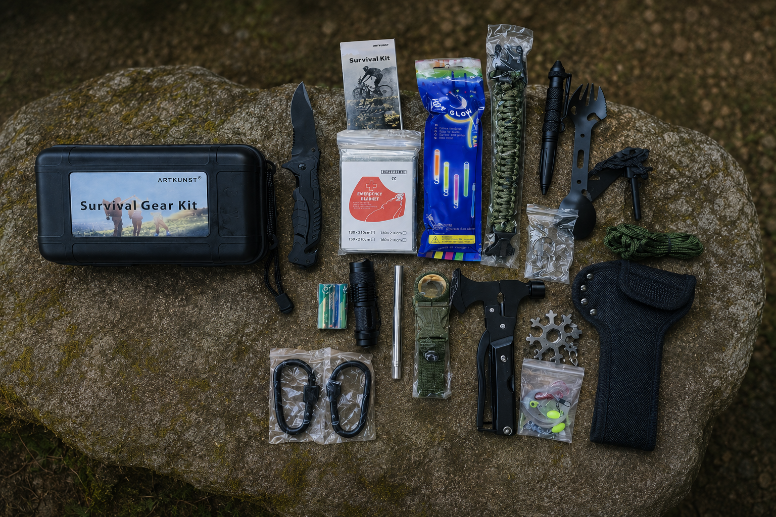 Complete survival gear kit with emergency tools including knife, flashlight, paracord bracelet, fire starter, emergency blanket, fishing kit, tactical pen, and compact carrying case displayed on a rock outdoors.