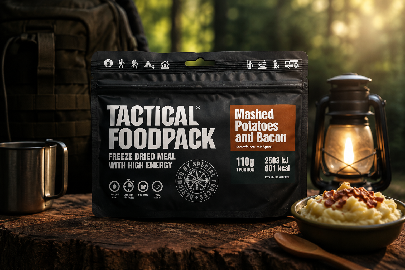 Tactical Foodpack Freeze Dried Meal Mashed Potatoes and Bacon survival food pouch displayed in an outdoor camping setup with lantern and backpack.