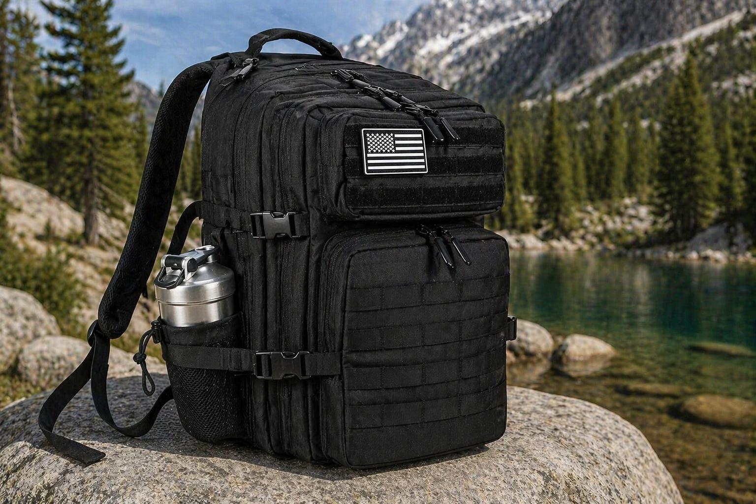 Black tactical backpack with MOLLE system and silver water bottle in mountain outdoor setting