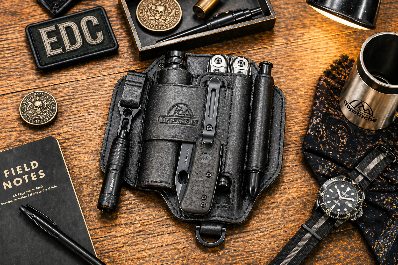 Topstache leather EDC organizer with multitool, flashlight, pen and key holder attached to belt