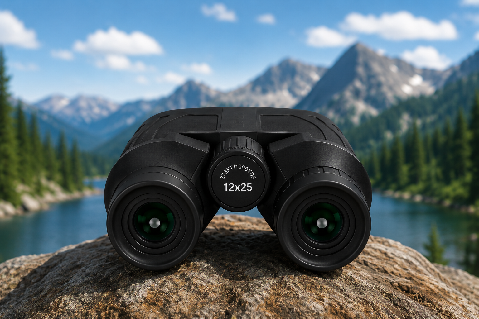 Compact 12x25 binoculars on outdoor mountain landscape for hiking and travel
