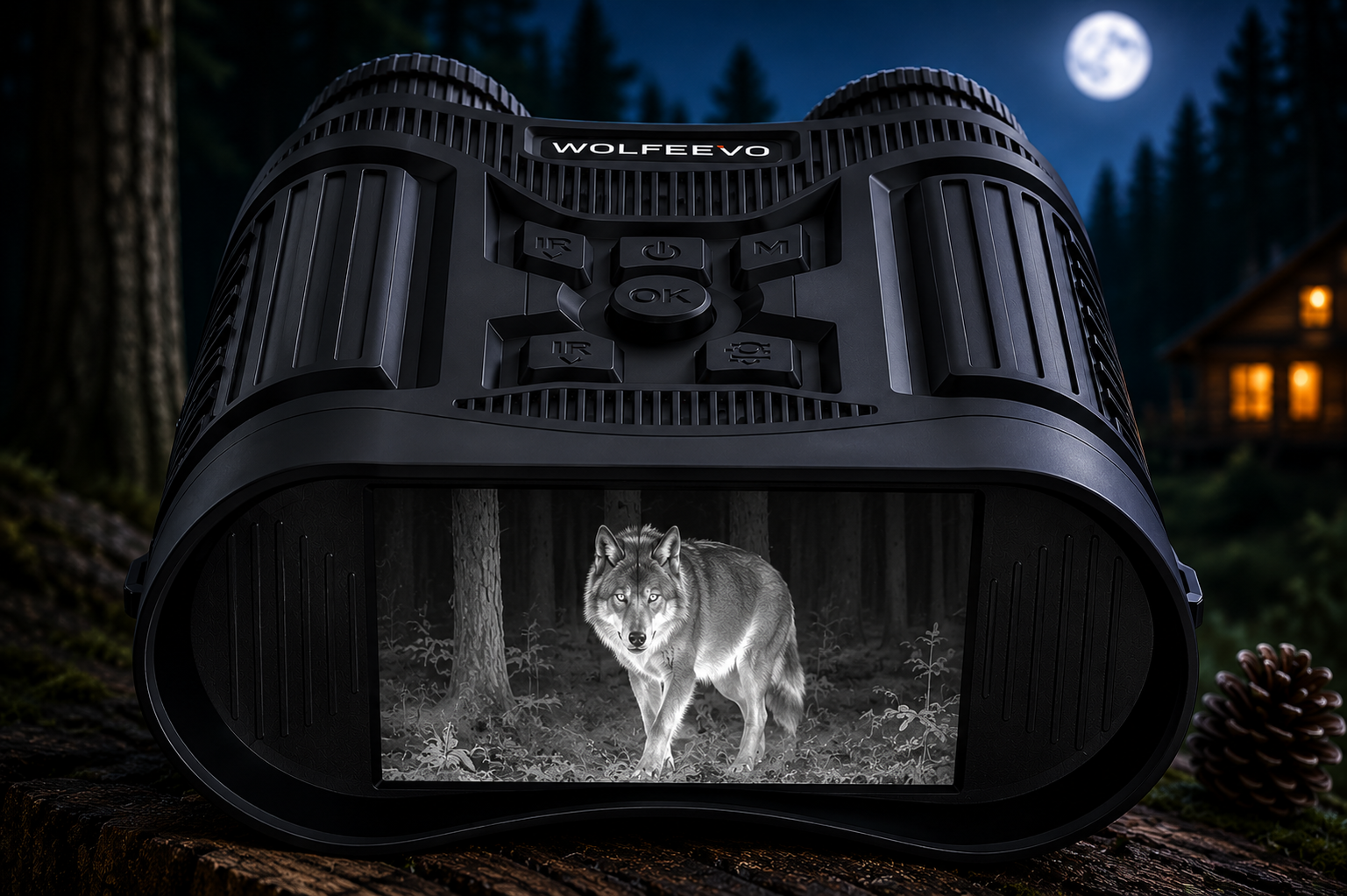 Wolfeevo digital night vision binoculars with 4K recording, infrared night vision display, rechargeable battery, and tactical outdoor design for camping, wildlife observation, and nighttime exploration.