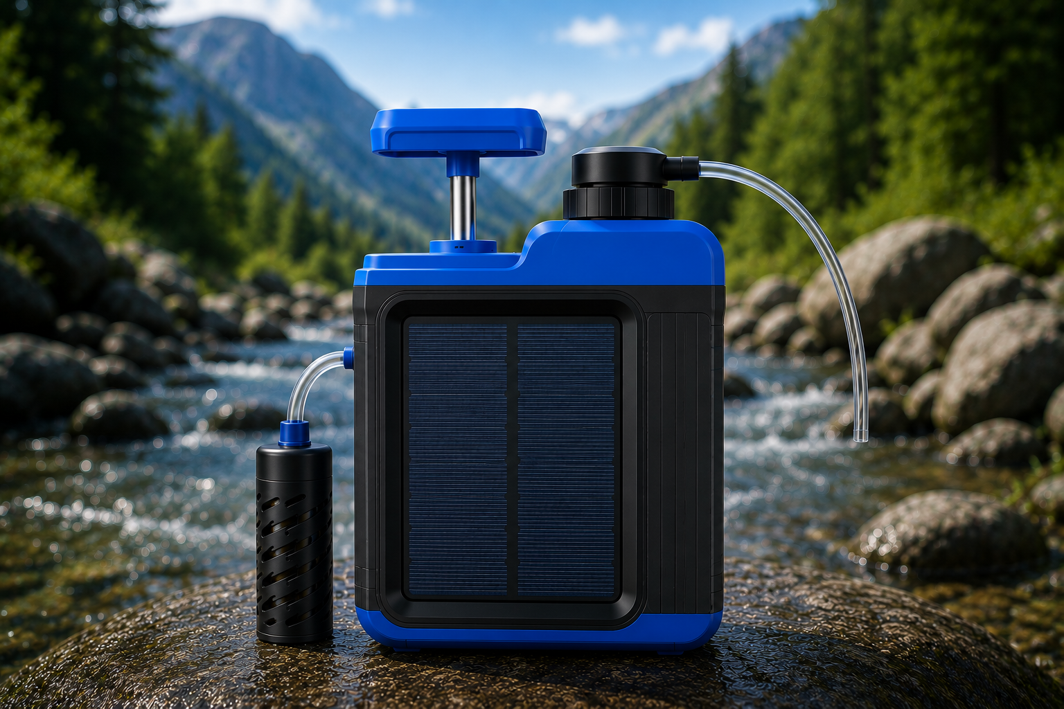 BK-3000 solar water filter displayed in an outdoor mountain environment, featuring solar charging, manual pump operation, and portable water purification for camping, hiking, and emergency preparedness.
