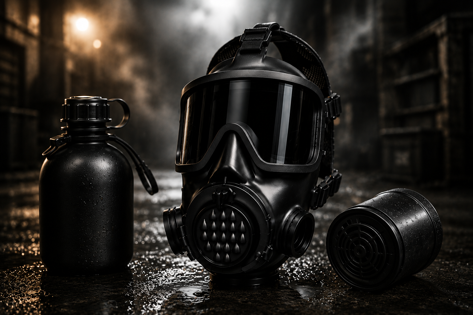 Dark tactical full-face gas mask with black filter canister and military-style canteen in a cinematic industrial survival environment.