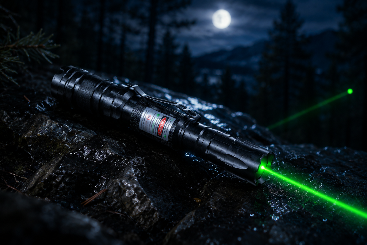 HITEKK rechargeable green laser pointer for tactical outdoor use, camping, hiking, stargazing, and long-range visibility in a nighttime mountain setting. 🔥🏕️🟢